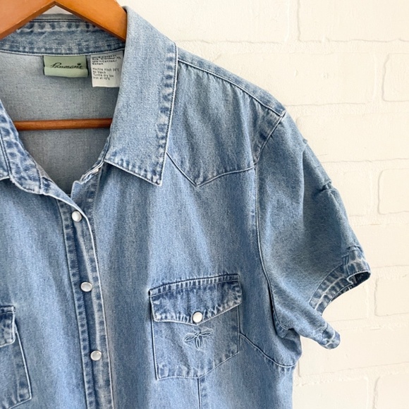 Vintage Mini Shirt Dress Snap down Denim Jean Light wash Embroidery Western XL - Picture 5 of 15